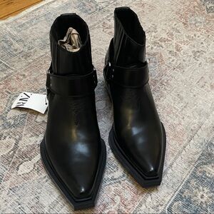 Zara Black Leather Cowboy Boots Brand New Never Worn